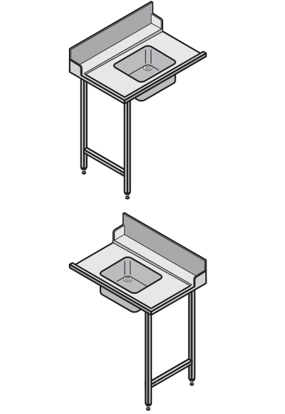 Europrofil-Tische links 700 x 742 x 900 mm, mit Becken und Spritzblech (360 mm)