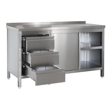 Edelstahl Arbeitsschrank mit Aufkantung, Schubladenblock links, Türen und höhenverstellbarem Zwischenboden, Bautiefe 600 mm, AISI 304, 1000 x 600 x 850