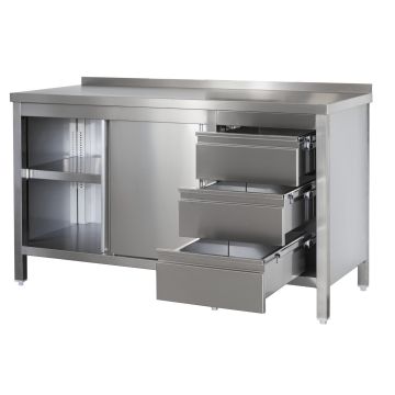 Edelstahl Arbeitsschrank mit Aufkantung, Schubladenblock rechts, Türen und höhenverstellbarem Zwischenboden, Bautiefe 600 mm, AISI 304, 1000 x 600 x 850