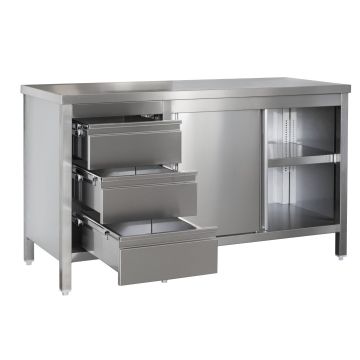 Edelstahl Arbeitsschrank mit Schubladenblock links. Türen und höhenverstellbarem Zwischenboden, Bautiefe 700 mm, AISI 304, 1900 x 700 x 850