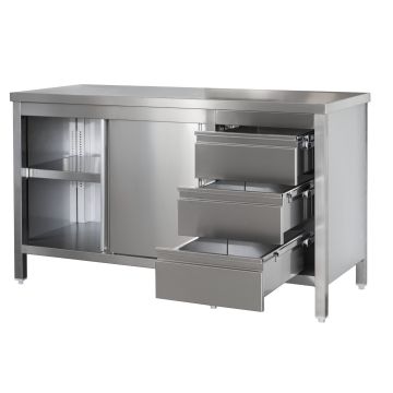 Edelstahl Arbeitsschrank mit Schubladenblock rechts. Türen und höhenverstellbarem Zwischenboden, Bautiefe 700 mm, AISI 304, 2000 x 700 x 850