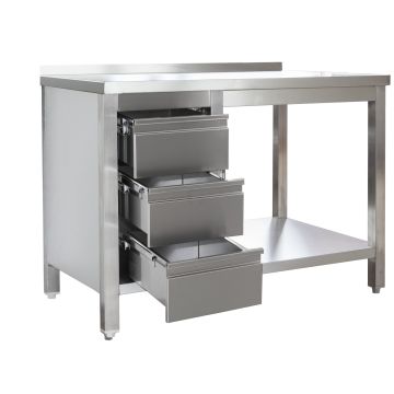 Edelstahl Arbeitstisch mit Aufkantung und Schubladenblock links verschweißt, Bautiefe 600 mm, mit Grundboden, AISI 304, 1000 x 600 x 850