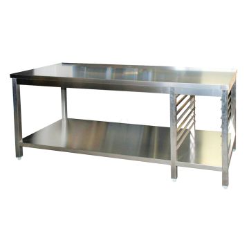 Edelstahl Arbeitstisch mit Aufkantung  mit GN-Winkel rechts GN1/1 verschweißt, Bautiefe 800 mm, mit Grundboden, AISI 304, 1200 x 800 x 850