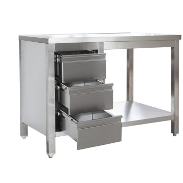 Edelstahl Arbeitstisch mit Schubladenblock links verschweißt, Bautiefe 600 mm, mit Grundboden, AISI 304, 1000 x 600 x 850