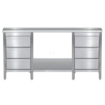 Edelstahl Arbeitstisch mit Schubladenblock links & rechts verschweißt, Bautiefe 600 mm, mit Grundboden, AISI 304, 2300 x 600 x 850