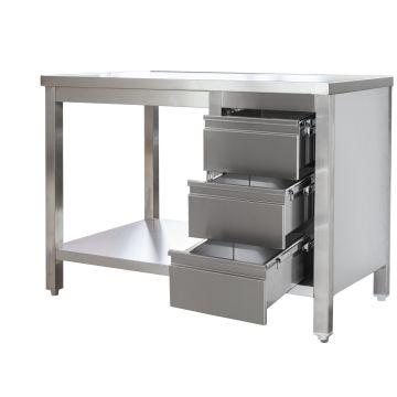 Edelstahl Arbeitstisch mit Schubladenblock rechts verschweißt, Bautiefe 600 mm, mit Grundboden, AISI 304, 1000 x 600 x 850