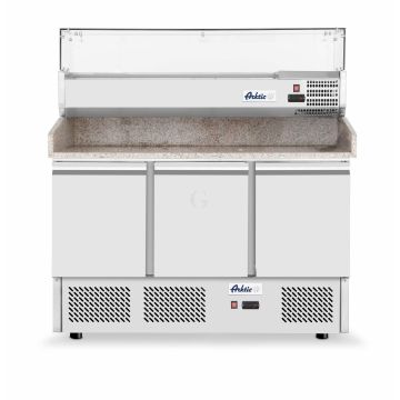 Hendi Pizzatisch, dreitürig mit Aufsatzkühlvitrine 380 + 40 L, 254 L, -2 / 8 ˚C, 230 V / 0,4 kW, R600a, 1365 x 700 x (H) 1012 mm