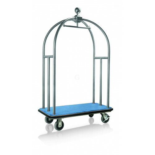 WAS Gepäckwagen 112 x 61 x 186 cm silberfarben gebürstet blauer Teppich Edelstahl