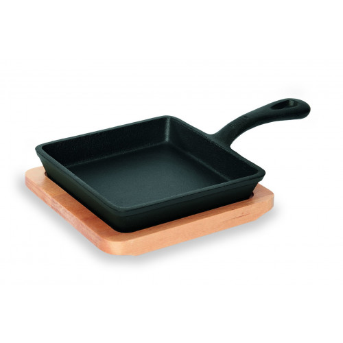 WAS Mini Servierpfanne Cast Iron 35 mit Holzuntersetzer 14,5 x 14,5 x 2,5 cm Gusseisen/Holz