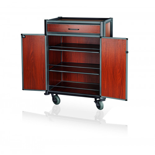 WAS Minibarversorgungswagen 84 x 60 x 135 cm schwarze Kantenprofile dunkle Holzoptik