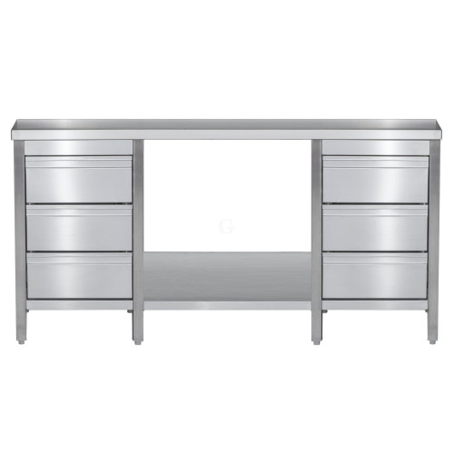 Edelstahl Arbeitstisch mit Schubladenblock links & rechts verschweißt, Bautiefe 800 mm, mit Grundboden, AISI 304, 1500 x 800 x 850