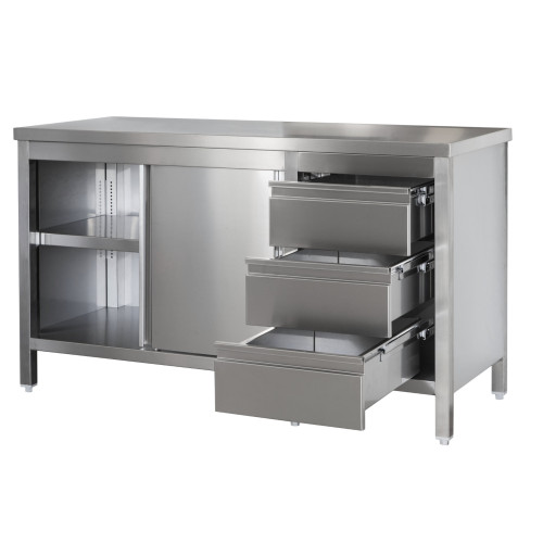 Edelstahl Arbeitsschrank mit Schubladenblock rechts. Türen und höhenverstellbarem Zwischenboden, Bautiefe 700 mm, AISI 304, 1100 x 700 x 850