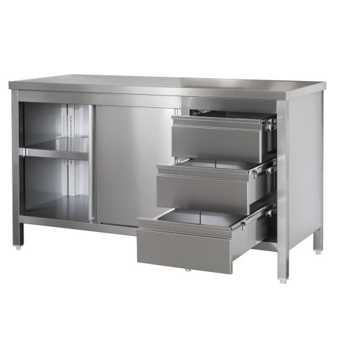 Edelstahl Arbeitsschrank mit Schubladenblock rechts. Türen und höhenverstellbarem Zwischenboden, Bautiefe 700 mm, AISI 304, 900 x 700 x 850