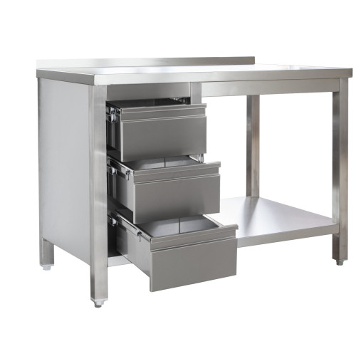 Edelstahl Arbeitstisch mit Aufkantung und Schubladenblock links verschweißt, Bautiefe 600 mm, mit Grundboden, AISI 304, 2400 x 600 x 850
