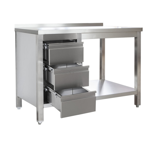 Edelstahl Arbeitstisch mit Aufkantung und Schubladenblock links verschweißt, Bautiefe 700 mm, mit Grundboden, AISI 304, 2000 x 700 x 850