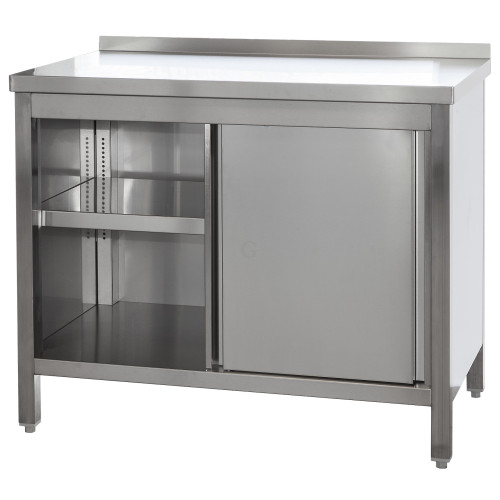 Edelstahl Arbeitsschrank mit Aufkantung, Türen und höhenverstellbarem Zwischenboden, Bautiefe 700 mm, AISI 304, 800 x 700 x 850