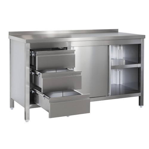 Edelstahl Arbeitsschrank mit Aufkantung, Schubladenblock links, Türen und höhenverstellbarem Zwischenboden, Bautiefe 600 mm, AISI 304, 1700 x 600 x 850