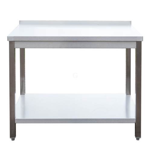 Edelstahl Arbeitstisch mit Aufkantung verschweißt, Bautiefe 700 mm, mit Grundboden, AISI 304, 2700 x 700 x 850