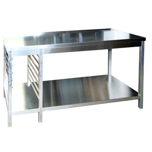 Edelstahl Arbeitstisch mit Aufkantung mit GN-Winkel links GN1/1 verschweißt, Bautiefe 700 mm, mit Grundboden, AISI 304, 1900 x 700 x 850