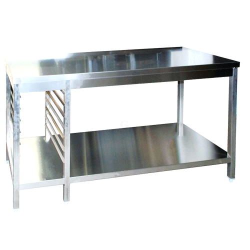 Edelstahl Arbeitstisch mit GN-Winkel links GN1/1 verschweißt, Bautiefe 700 mm, mit Grundboden, AISI 304, 2600 x 700 x 850