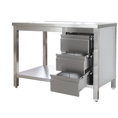 Edelstahl Arbeitstisch mit Schubladenblock rechts verschweißt, Bautiefe 600 mm, mit Grundboden, AISI 304, 1700 x 600 x 850