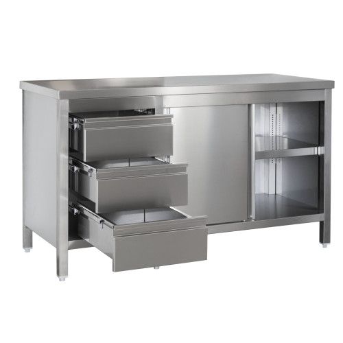 Edelstahl Arbeitsschrank mit Schubladenblock links. Türen und höhenverstellbaremn Zwischenboden, Bautiefe 800 mm, AISI 304, 1100 x 800 x 850