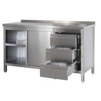 Edelstahl Arbeitsschrank mit Aufkantung, Schubladenblock rechts, Türen und höhenverstellbarem Zwischenboden, Bautiefe 800 mm, AISI 304, 2200 x 800 x 850