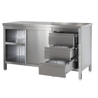 Edelstahl Arbeitsschrank mit Schubladenblock rechts. Türen und höhenverstellbarem Zwischenboden, Bautiefe 800 mm, AISI 304, 900 x 800 x 850