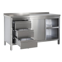 Edelstahl Arbeitsschrank mit Aufkantung, Schubladenblock links, Türen und höhenverstellbarem Zwischenboden, Bautiefe 800 mm, AISI 304, 1300 x 800 x 850