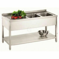 Edelstahl Spültisch mit 2 Becken, Abtropffläche, hinten aufgekantet