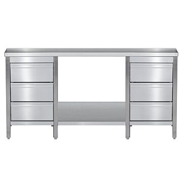 Edelstahl Arbeitstisch mit Schubladenblock links & rechts verschweißt, Bautiefe 600 mm, mit Grundboden, AISI 304, 1200 x 600 x 850