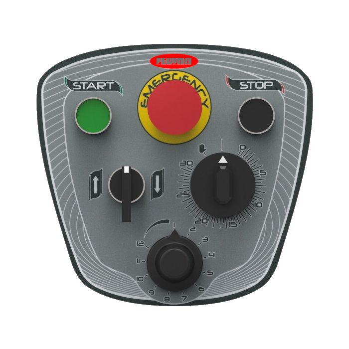 Bedienpanel: Start / Stop, stufenlose Drehzahlregelung, Timer, Notstop und elektrisches  Kesselanheben und -absenken