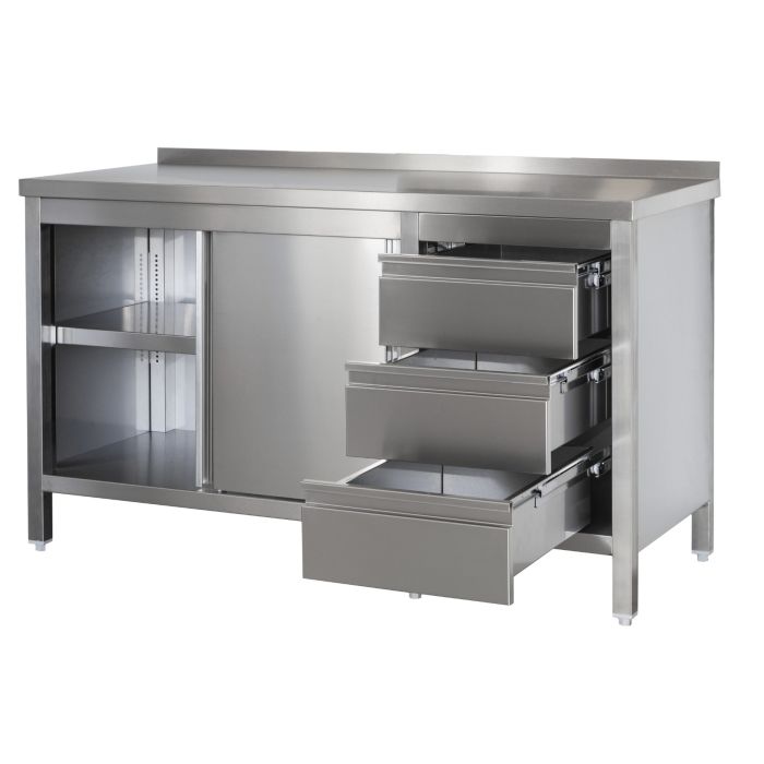 Edelstahl Arbeitsschrank mit Aufkantung, Schubladenblock rechts, Türen und höhenverstellbarem Zwischenboden, Bautiefe 800 mm, AISI 304, 2600 x 800 x 850