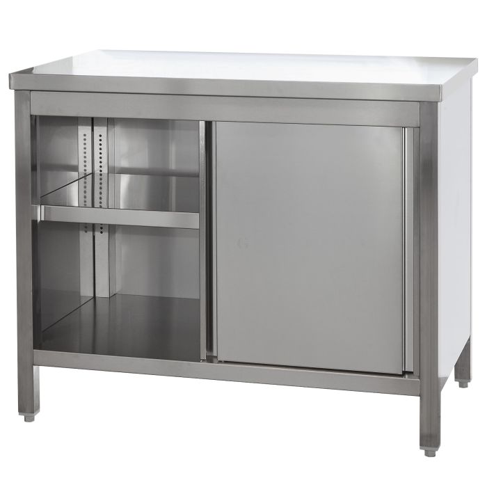 Edelstahl Arbeitsschrank mit Türen und höhenverstellbarem Zwischenboden, Bautiefe 600 mm, AISI 304, 1800 x 600 x 850