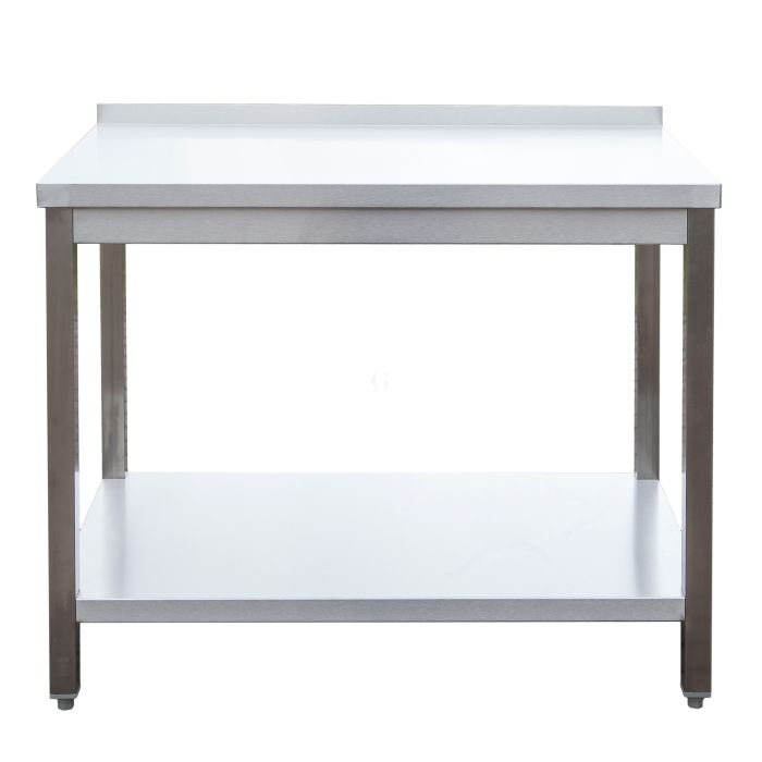 Edelstahl Arbeitstisch mit Aufkantung verschweißt, Bautiefe 600 mm, mit Grundboden, AISI 304, 1900 x 600 x 850