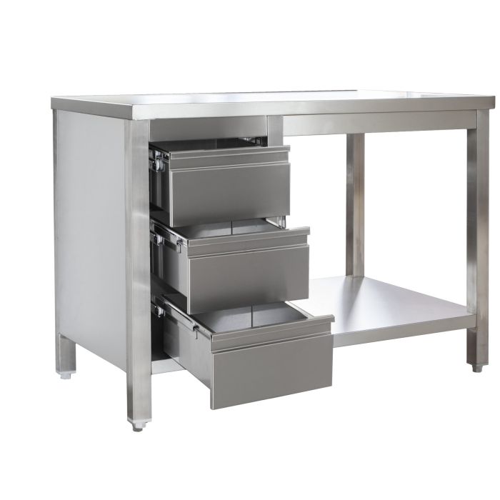Edelstahl Arbeitstisch mit Schubladenblock links verschweißt, Bautiefe 600 mm, mit Grundboden, AISI 304, 2200 x 600 x 850