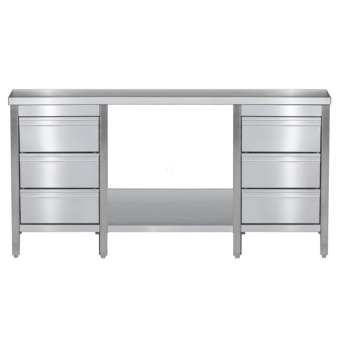 Edelstahl Arbeitstisch mit Schubladenblock links & rechts verschweißt, Bautiefe 600 mm, mit Grundboden, AISI 304, 2100 x 600 x 850