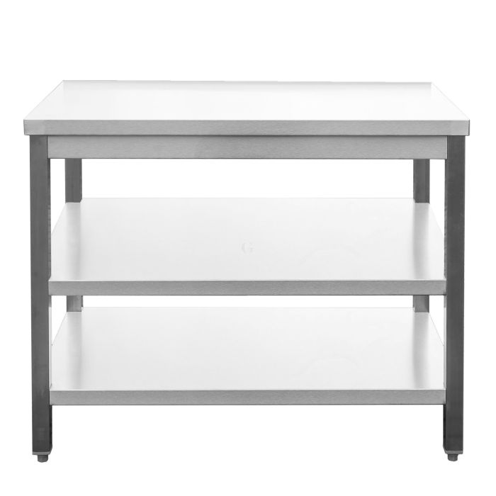 Edelstahl Arbeitstisch verschweißt, Bautiefe 800 mm, mit Grundboden & Zwischenboden, AISI 304, 1600 x 800 x 850