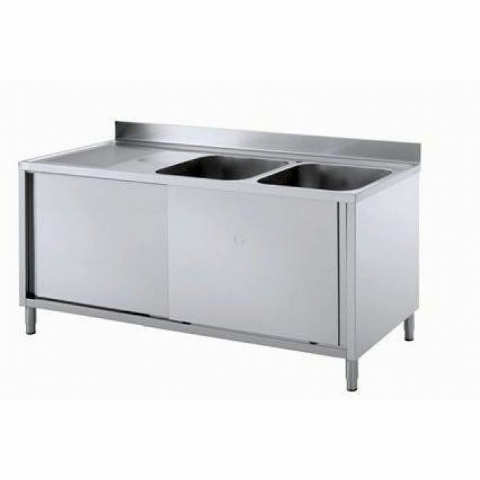 Edelstahl Spülschrank mit 2 Becken, Arbeitsplatte hinten aufgekantet