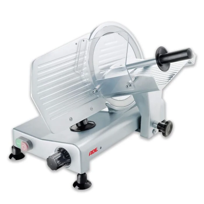 ADE Schrägschneider GRAVIS 250 – Aufschnittmaschine mit hartverchromtem Messer und eloxiertem Aluminiumgehäuse, Frontansicht