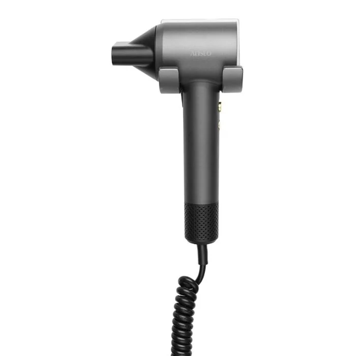 ALISEO Haartrockner AERO BRUSHLESS in Dunkelgrau-Metallic mit Gabel-Wandhalterung HANG-UP Direktanschluss – Frontansicht