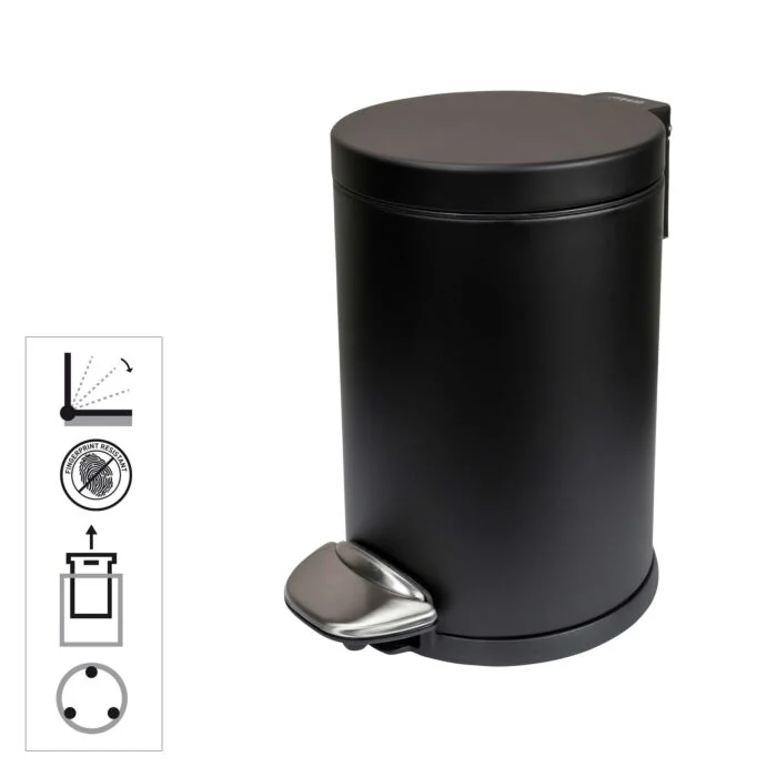 Aliseo PRESTIGE Hygieneeimer 5L in Schwarz matt mit Absenk-Automatik-Deckel, Frontansicht