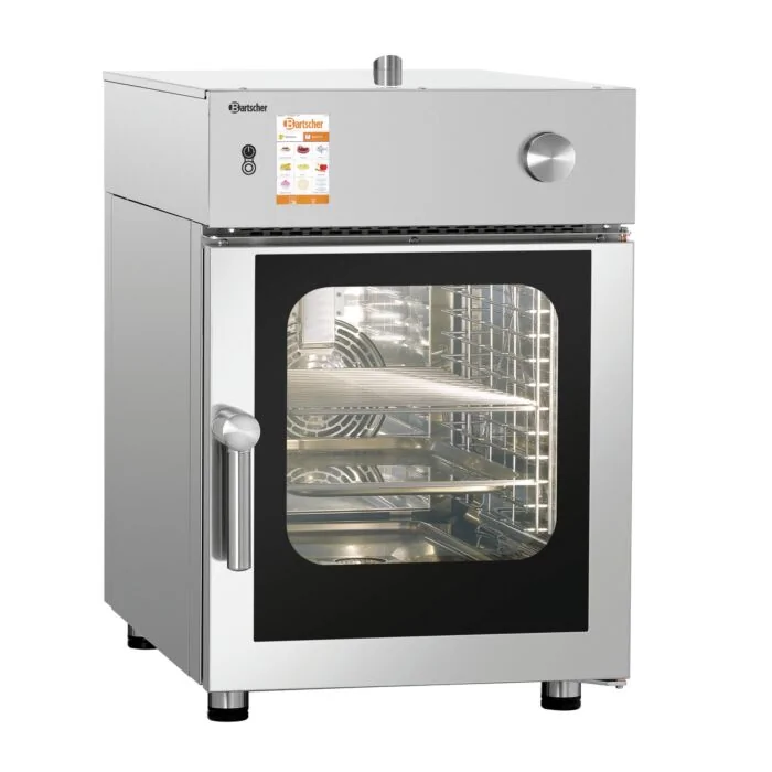 Bartscher Kombidämpfer Silversteam-K 6110DRS – Seitenansicht mit geöffneter Garraumtür und GN 1/1-Einschüben