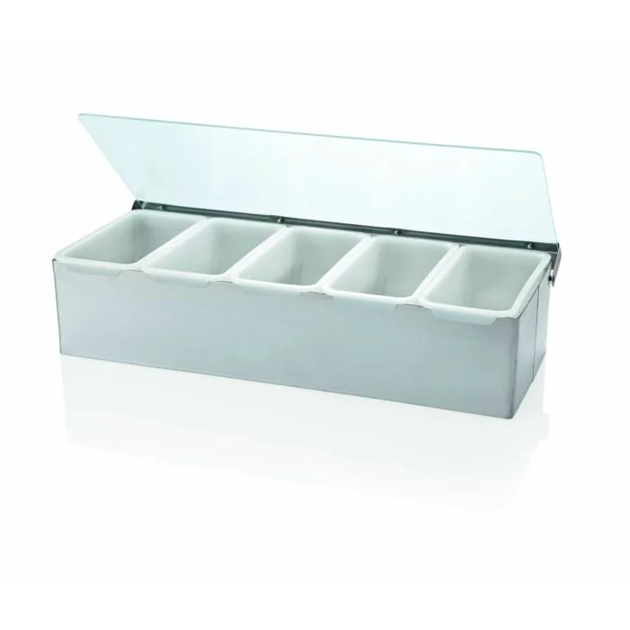 WAS Zutatenbehälter mit 6 Einsätzen à 0,45 Liter 45 x 15 x 9 cm Chromnickelstahl/Acryl