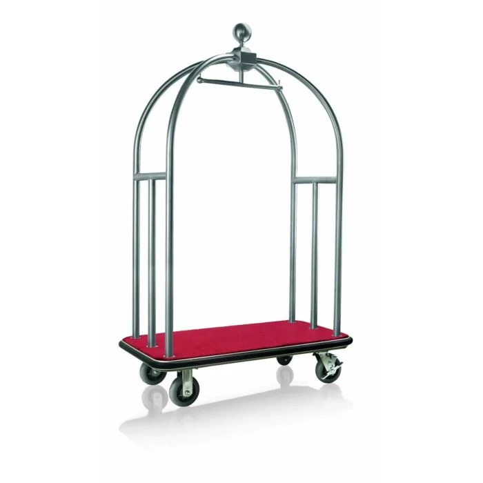 WAS Gepäckwagen 112 x 61 x 186 cm silberfarben gebürstet roter Teppich Edelstahl