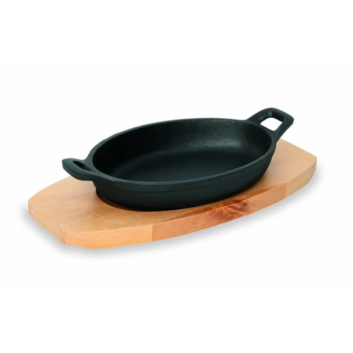 WAS Servierpfanne Cast Iron 35 mit Holzuntersetzer,18 x 12 x 3 cm Gusseisen/Holz