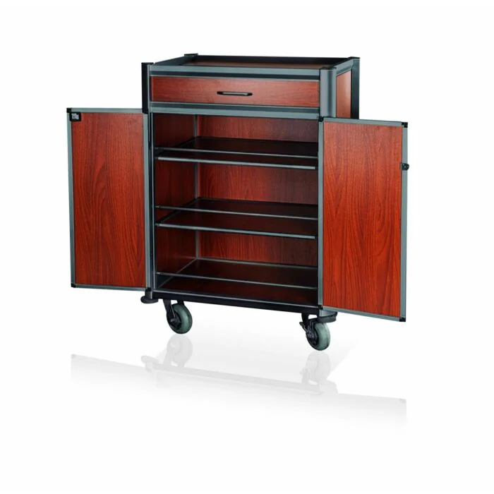 WAS Minibarversorgungswagen 84 x 60 x 135 cm schwarze Kantenprofile dunkle Holzoptik