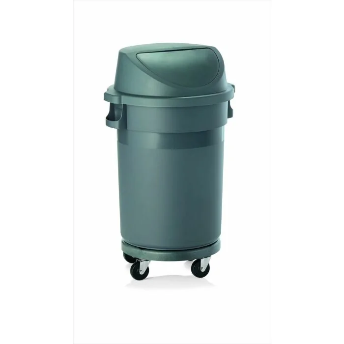 WAS Abfallbehälter mit Transporttrolley und Pushdeckel 80 Liter Ø 41 cm Polypropylen