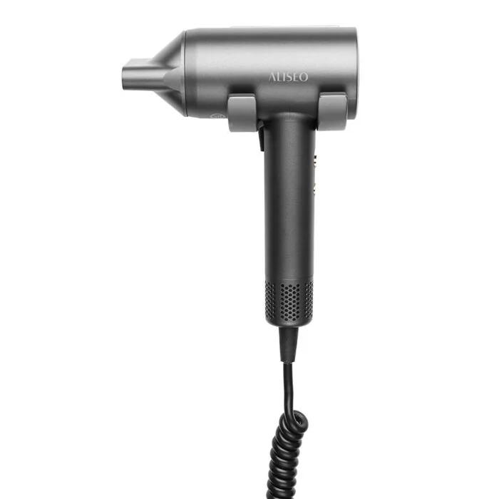 ALISEO Haartrockner VENTO BRUSHLESS in Dunkelgrau-Metallic montiert auf Gabel-Wandhalterung HANG-UP mit Direktanschluss