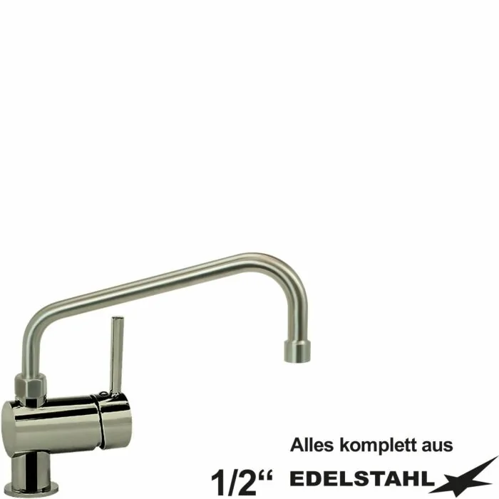 armag mixter Einlochbatterie 1/2 Zoll 1C.2525.1GX1.0IC aus Edelstahl mit hochgebogenem Auslauf, seitliche Ansicht